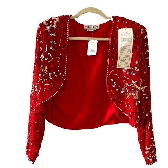 NWT
80’s Vintage Scala 100% Silk Red Heavy Beaded Sequin Bolero Crop Jacket PM - Picture 1 of 12